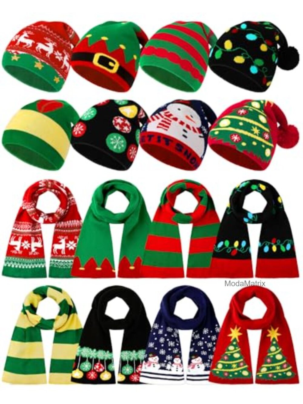 8 Pack Christmas Knitted Hat & Scarf Sets Winter Pom Beanie